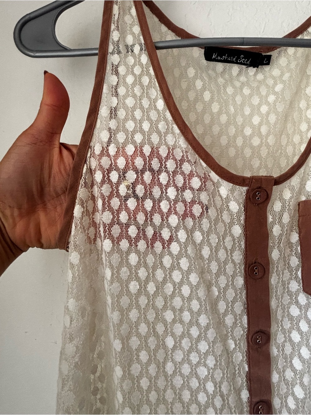 White/Cream Lace tank top with Brown Trim